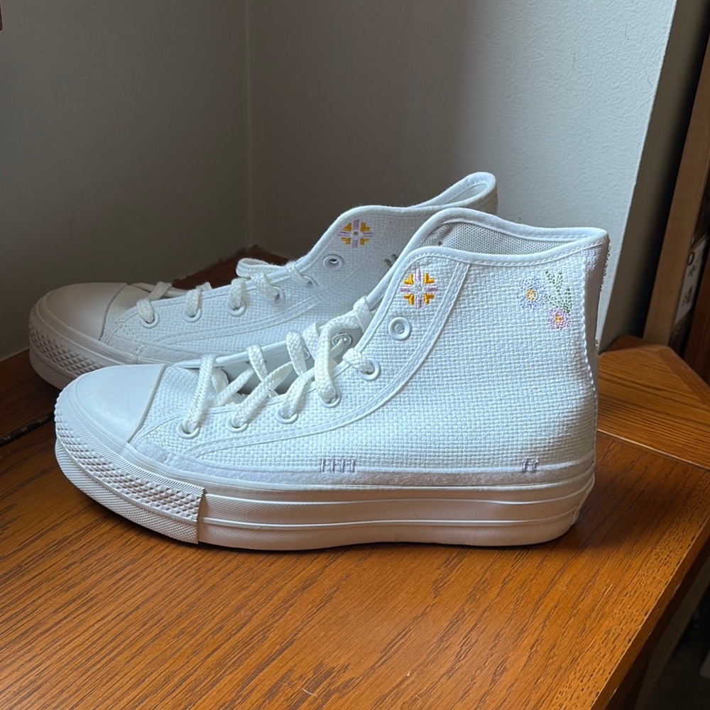 Converse High Top Sneakers in White with Pastel Floral Embroidery